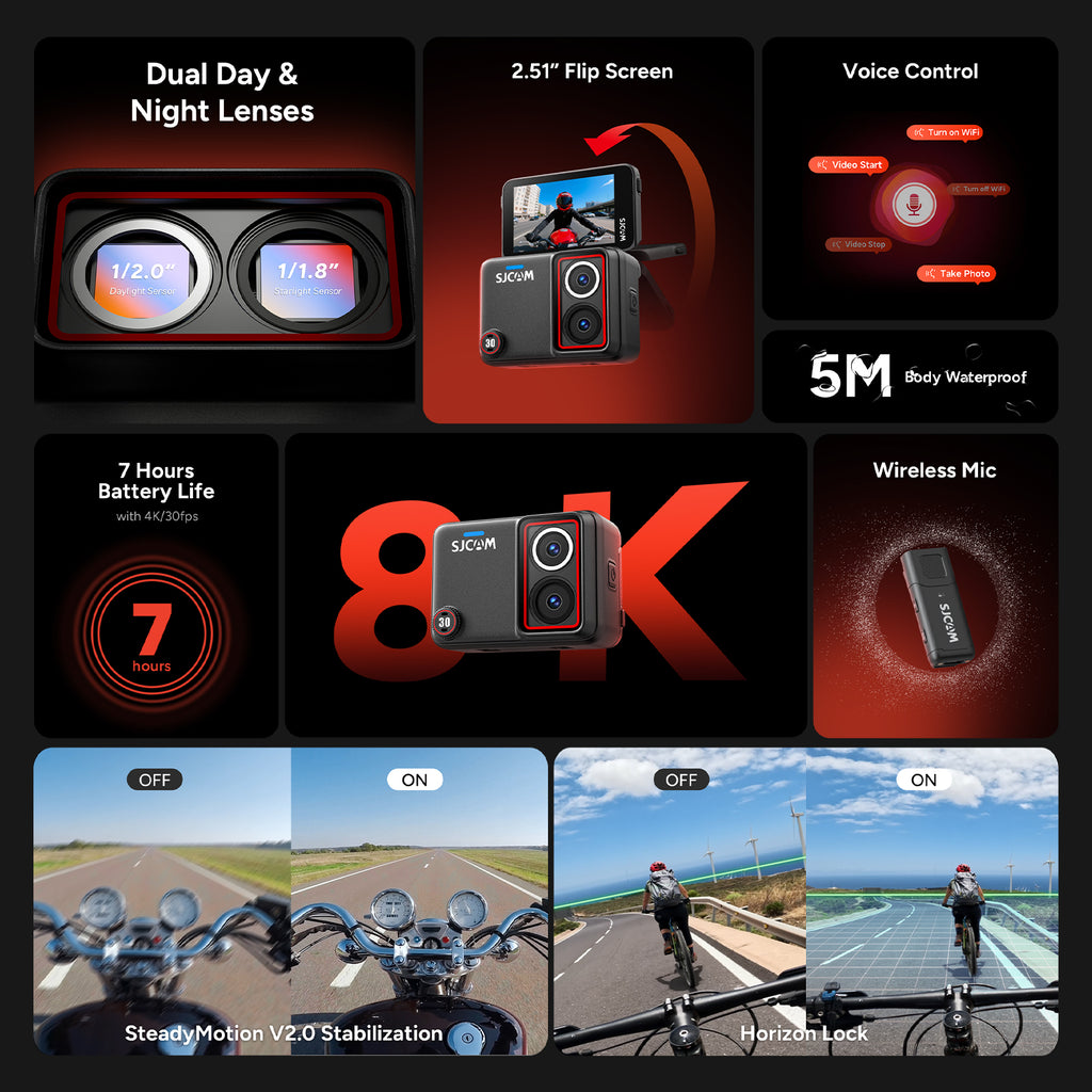 SJCAM SJ30 8K Dual Lens Action Camera, Day Night Dual Lens, Voice Control, Lossless Vertical Video, Horizon Lock, 2.51" Flip Screen,Waterproof Sports Camera for Vlog Diving Skiing