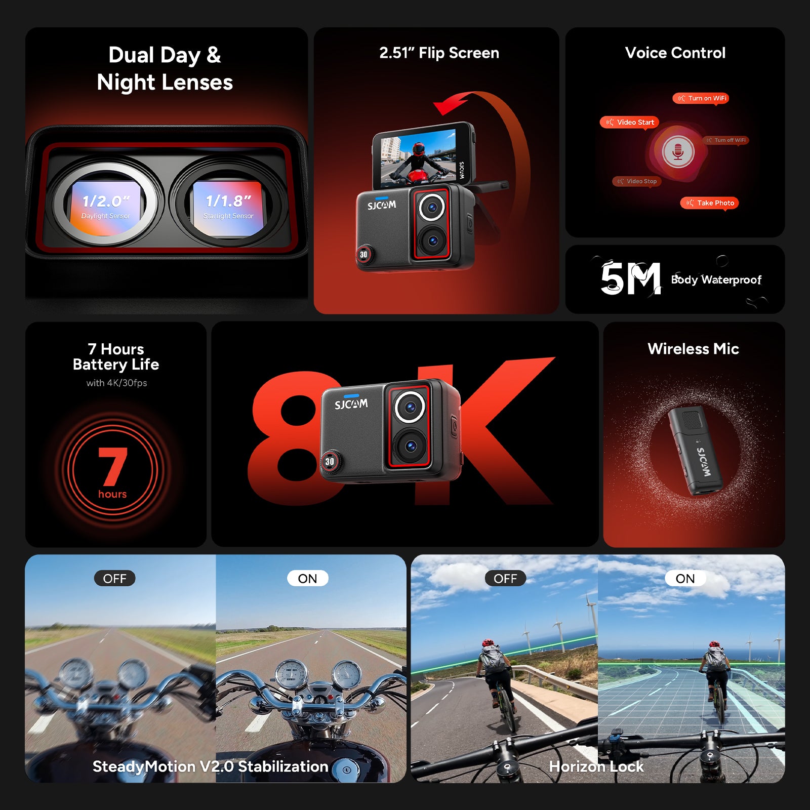 SJCAM SJ30 8K Dual Lens Action Camera, Day Night Dual Lens, Voice Control, Lossless Vertical Video, Horizon Lock, 2.51" Flip Screen,Waterproof Sports Camera for Vlog Diving Skiing