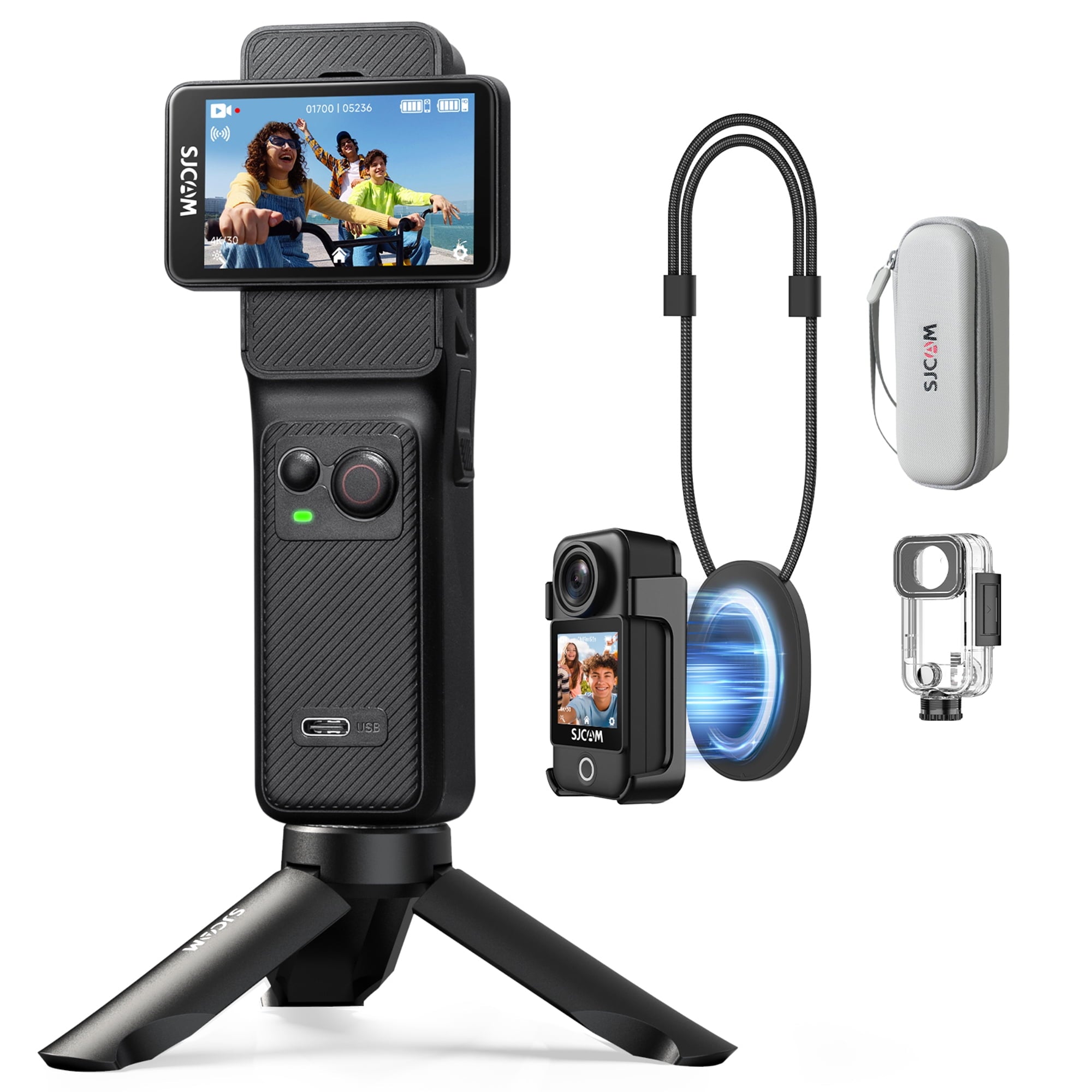 SJCAM C400 3 in 1 Vlogging Camera Combo, 4K Pocket Handheld Camera, 7H Power, 6-Axis Stabilization Action Camera, 2.29''Touch Screen, Waterproof Body Cam for Travel Vlog and YouTube Live Streaming