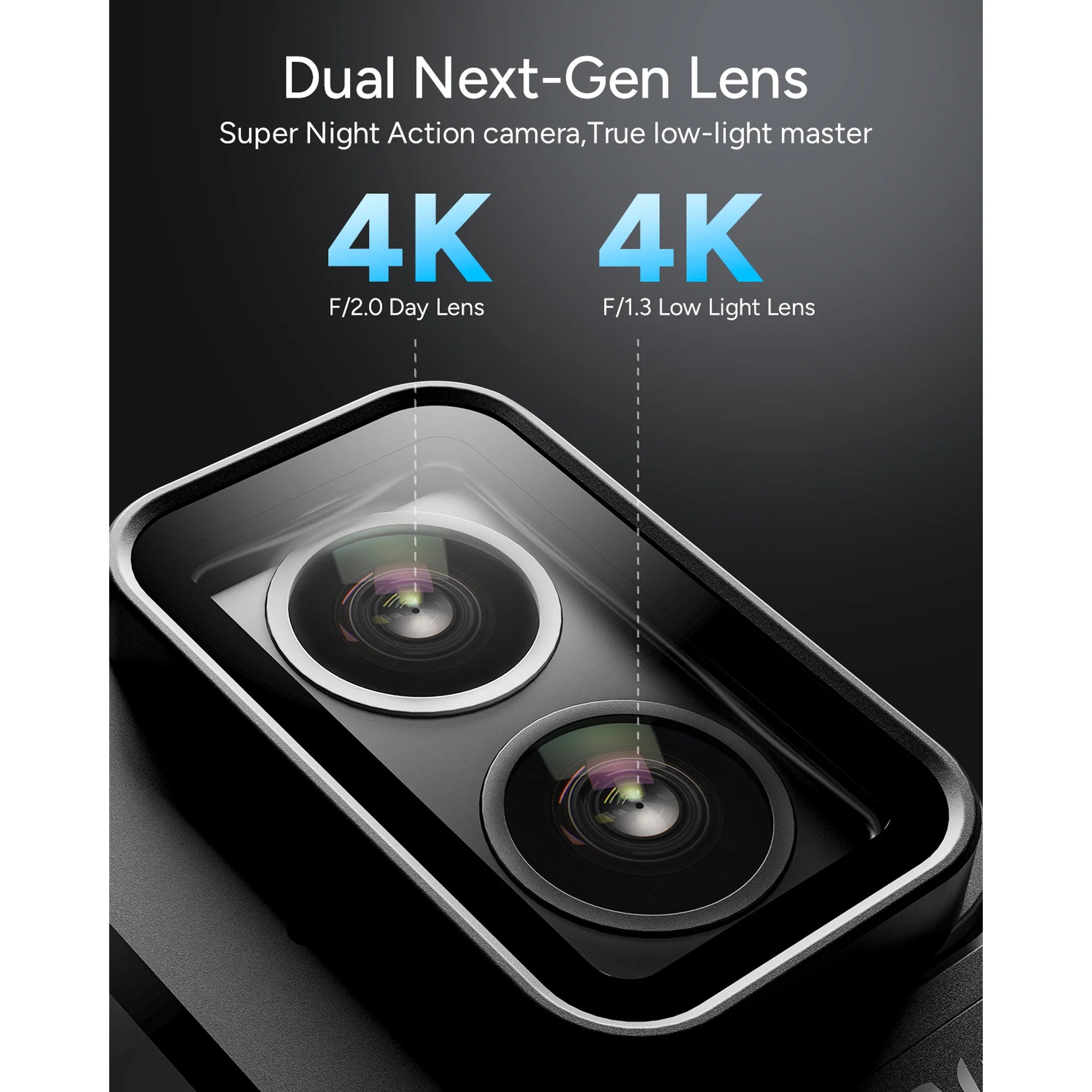 SJCAM SJ20 SUPERNIGHT 4K Dual Lens Action Camera, 6-Axis Gyro Stabilization, F1.3/F2.0 Aperture, 154° FOV, 8H Power Selfie Stick, Low Light HDR, 8X Zoom, Waterproof 30M for Motorcycling/Travel