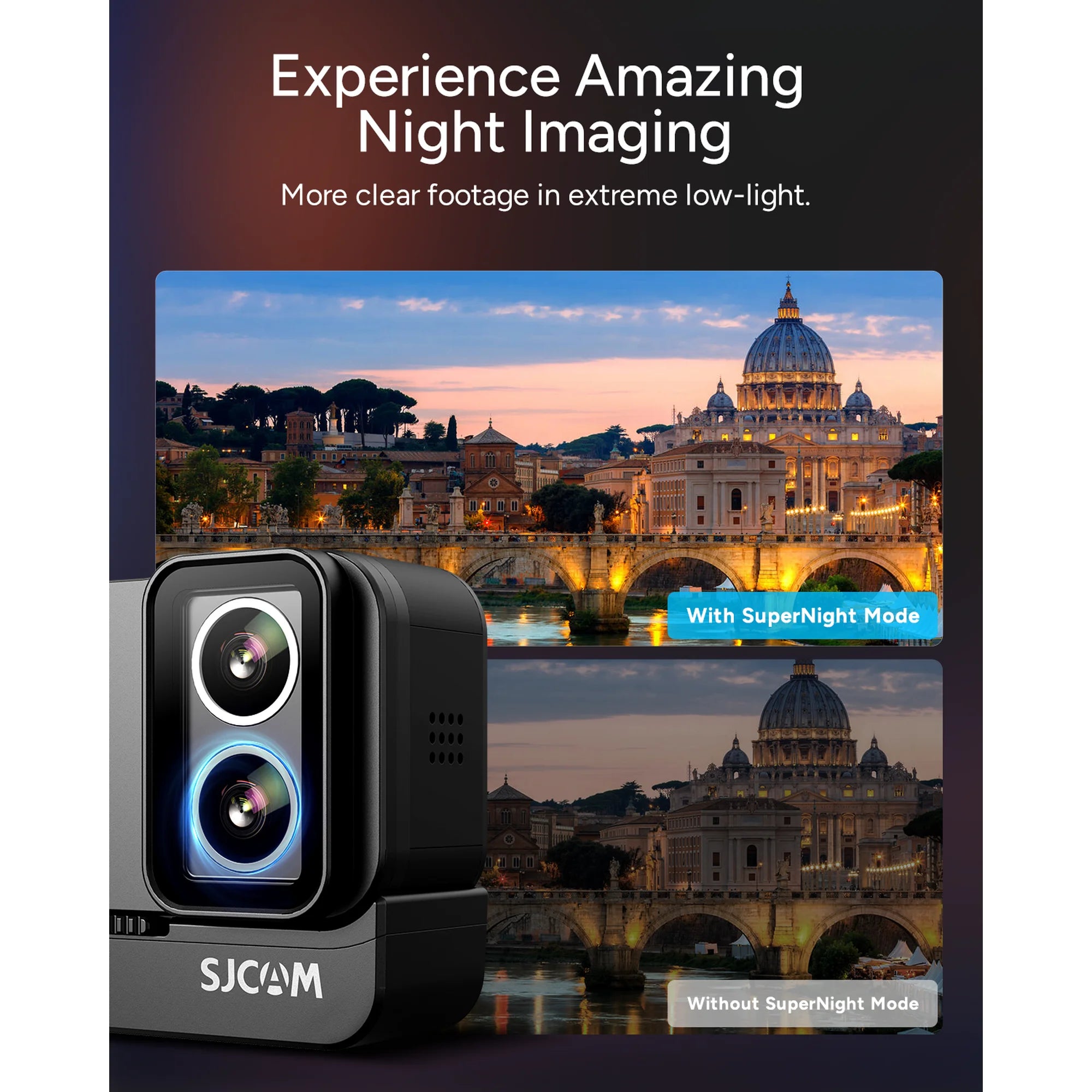 SJCAM SJ20 SUPERNIGHT 4K Dual Lens Action Camera, 6-Axis Gyro Stabilization, F1.3/F2.0 Aperture, 154° FOV, 8H Power Selfie Stick, Low Light HDR, 8X Zoom, Waterproof 30M for Motorcycling/Travel