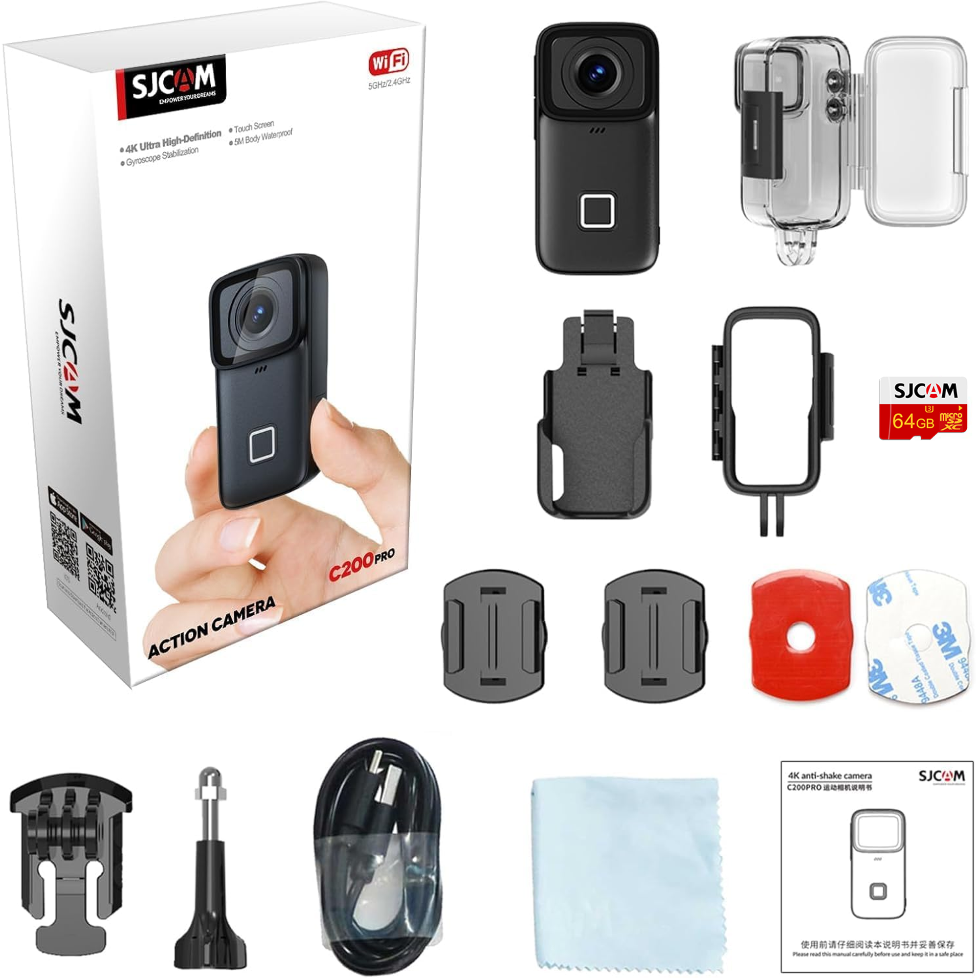 SJCAM C200 Pro 4K Waterproof Action Camera 30M Underwater EIS Stabilization 154° Wide Angle Touch Screen 5G WiFi Vlogging Camera Ultra HD HDR Live Streaming Sports Diving