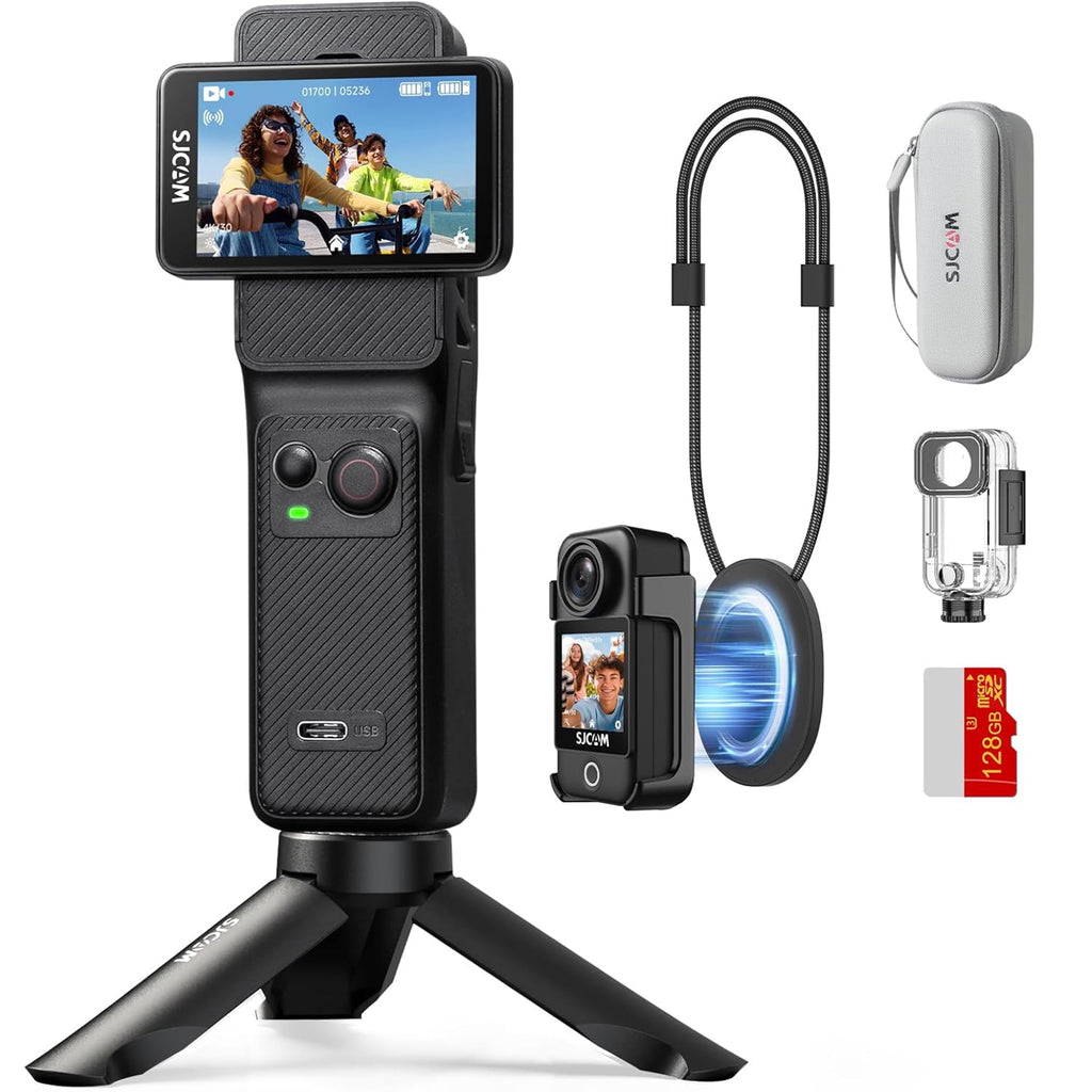 SJCAM C400 3 in 1 Vlogging Camera Combo, 4K Pocket Handheld Camera, 7H Power, 6-Axis Stabilization Action Camera, 2.29''Touch Screen, Waterproof Body Cam for Travel Vlog and YouTube Live Streaming