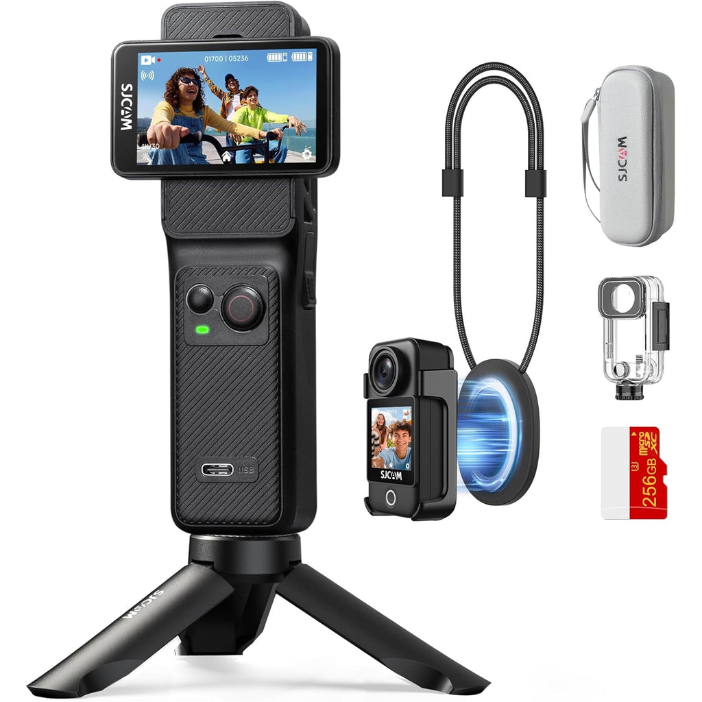 SJCAM C400 3 in 1 Vlogging Camera Combo, 4K Pocket Handheld Camera, 7H Power, 6-Axis Stabilization Action Camera, 2.29''Touch Screen, Waterproof Body Cam for Travel Vlog and YouTube Live Streaming