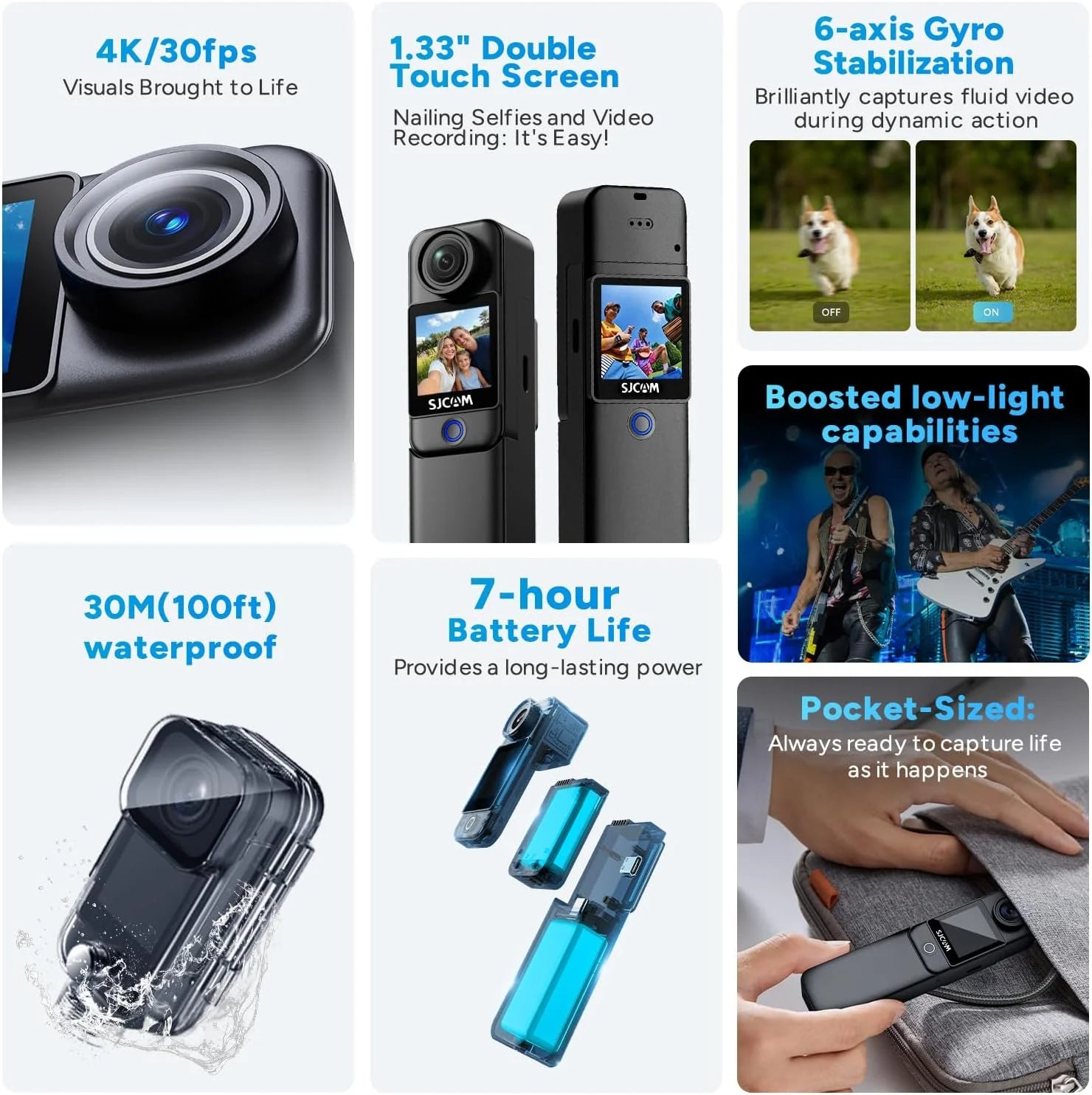 SJCAM C300 Vlogging Combo, 4K Pocket Action Camera,7Hour Power,6-Axis Stabilization,Dual-Touch Screen 154° Wide FOV Video Body Camera,Waterproof,for Vlogging YouTube Creators,Black