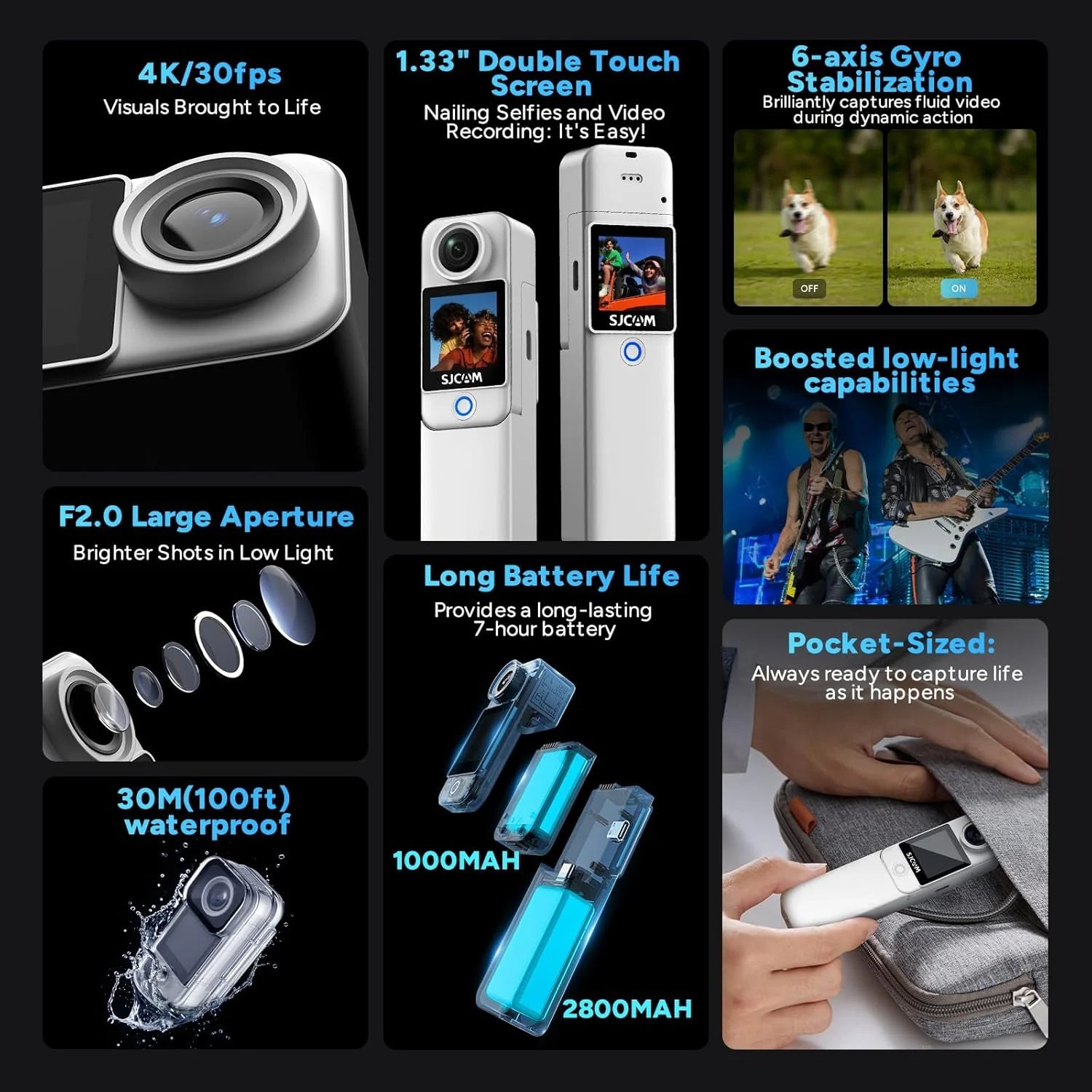 SJCAM C300 Vlogging Combo, 4K Pocket Action Camera,7Hour Power,6-Axis Stabilization,Dual-Touch Screen 154° Wide FOV Video Body Camera,Waterproof,for Vlogging YouTube Creators,White